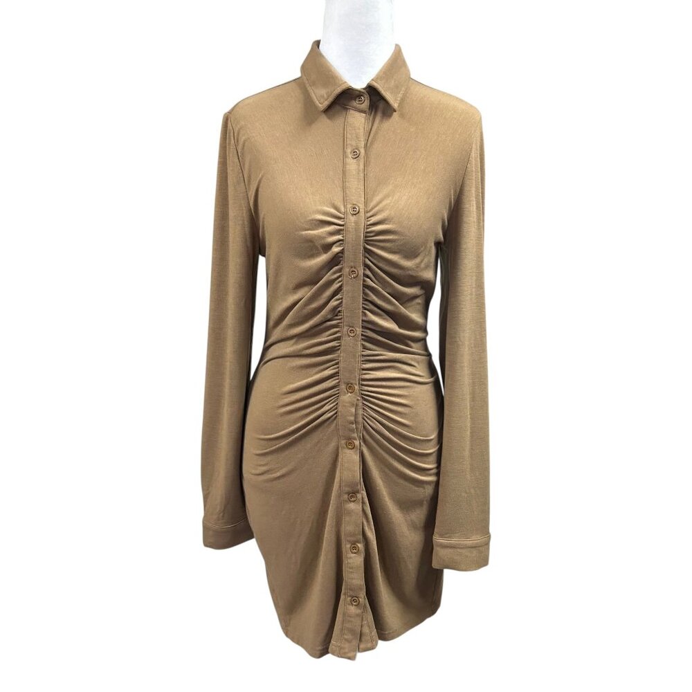 Aster Brown Cinched Button Front Bodycon Long Sleeve Dress Sz M
